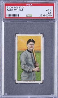 1909-11 T206 White Border Zack Wheat, Rare "Tolstoi Back" – PSA VG+ 3.5
